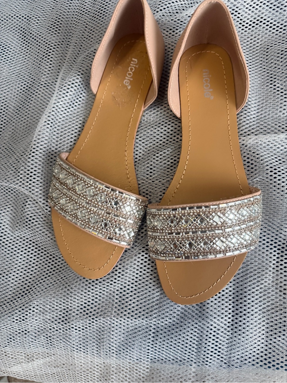 Nicole Blush Slide Sandals with Silver Beaded Strap